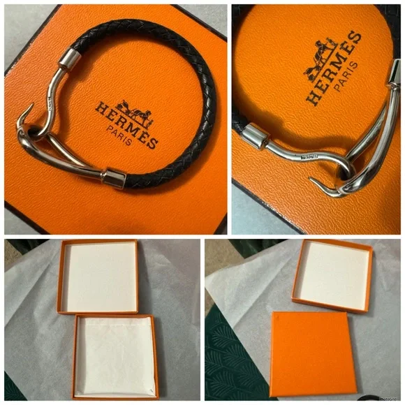 Hermès AUTHENTIC Silver & Black Leather Jumbo Hook Braided Tour Bracelet. - Picture 16 of 16